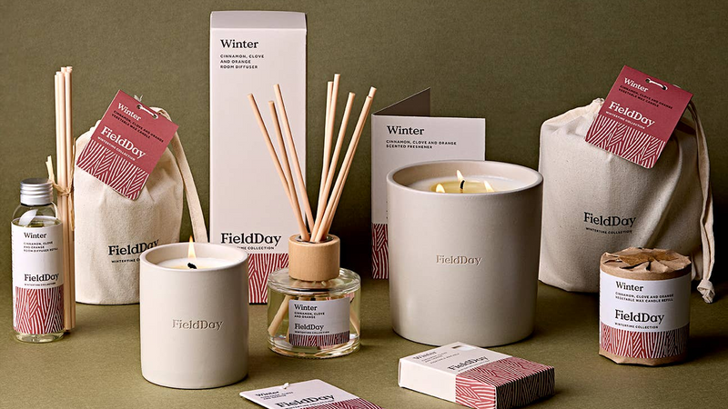 Collection of Field Day products including candles, diffusers, and packaging on a green background