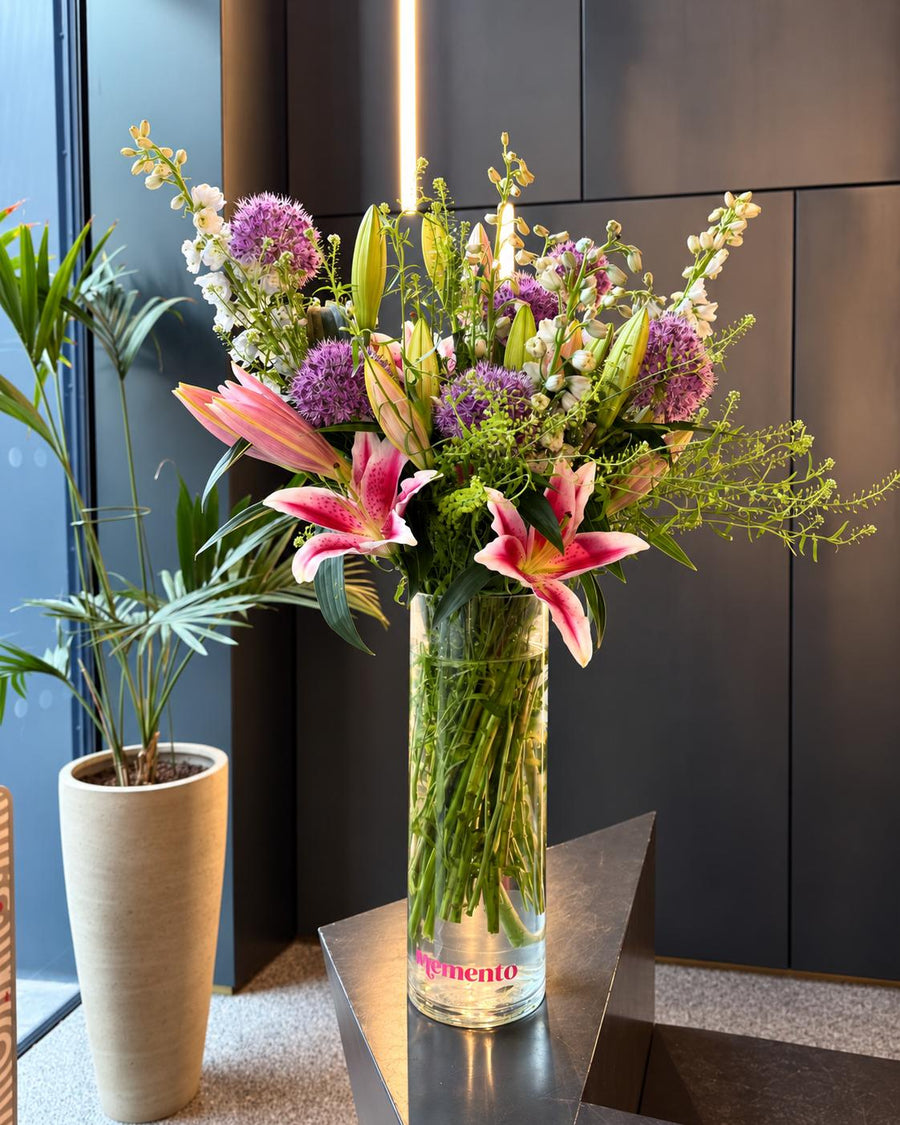 A colourful workplace flower display